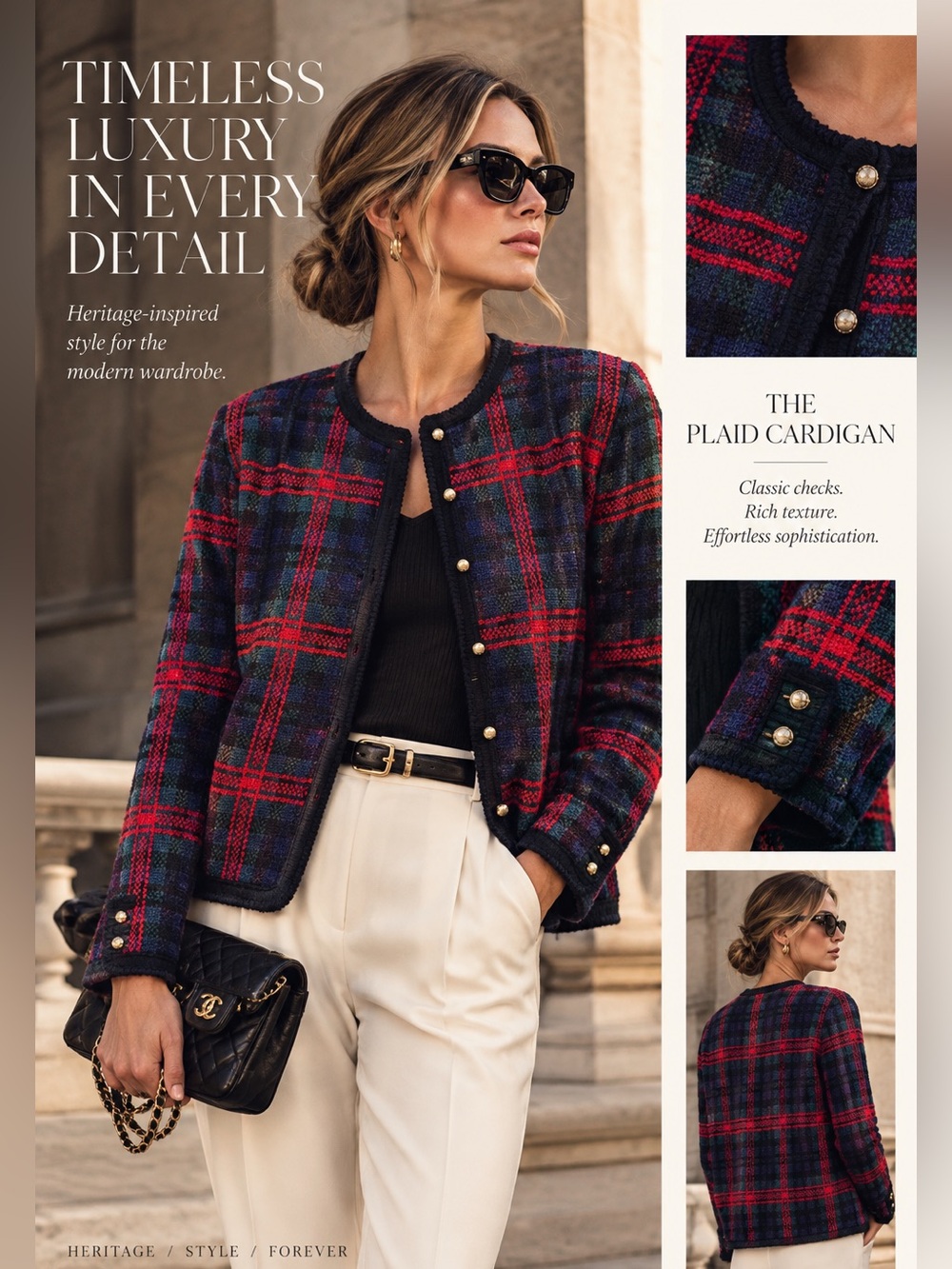 Sigrè Plaid Knit Cardigan in Red, Navy & Green